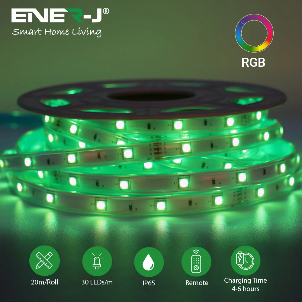 20 Meter Solar LED Strips with Silicon cover, IP65, 6V 12W Solar Panel with 12000 mAh battery, Remote Included. RGB