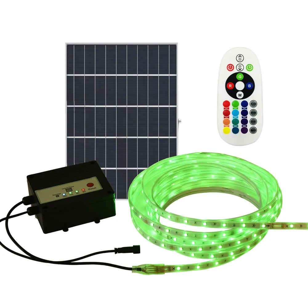 20 Meter Solar LED Strips with Silicon cover, IP65, 6V 12W Solar Panel with 12000 mAh battery, Remote Included. RGB