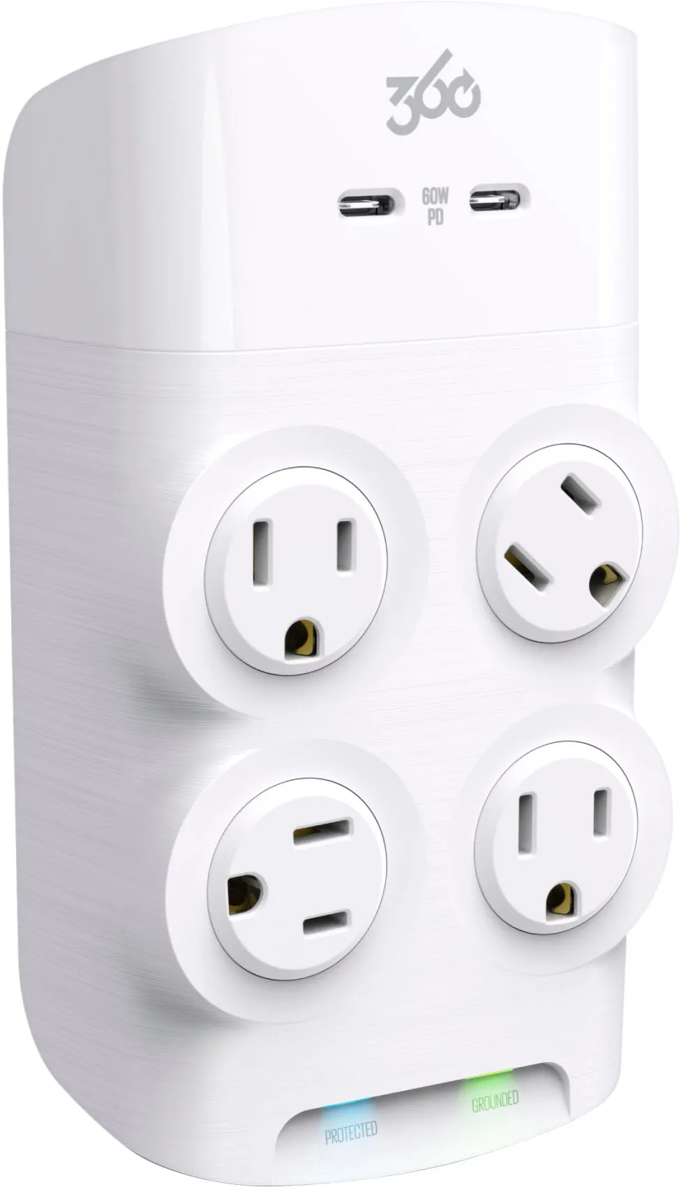 360 Electrical - Revolve60, 4 Rotating Outlets/ 2 USB-C 1080 Joules Surge Protector - White