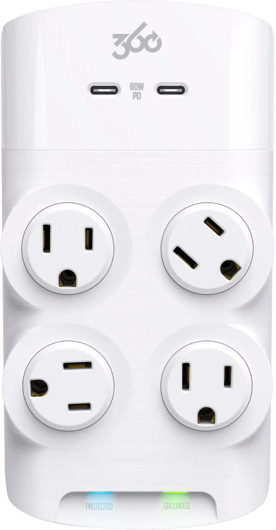 360 Electrical - Revolve60, 4 Rotating Outlets/ 2 USB-C 1080 Joules Surge Protector - White