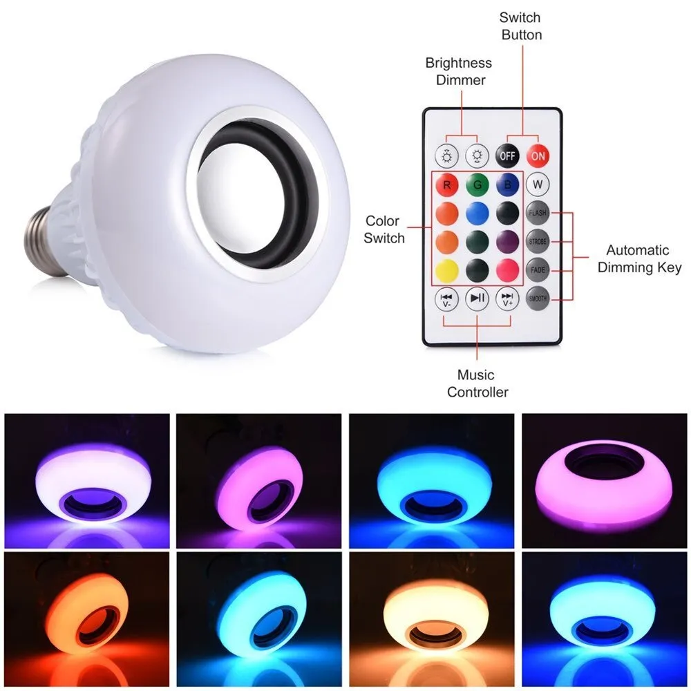 E27 Smart RGB Wireless Bluetooth Speaker Bulb Music Playing Dimmable LED RGB Music Bulb Light Lamp with 24 Keys Remote Control