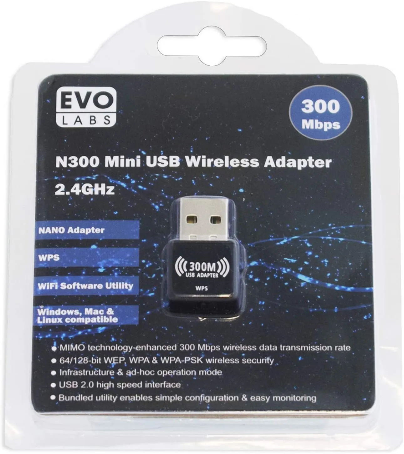 Evo Labs Mini USB 2.0 Wireless Adapter, 300Mbps WiFi Adapter 2.4GHz, NPEVO-N300USBAD, Compatible with Windows, Mac, Linux