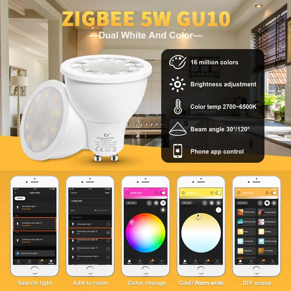 GLEDOPTO smart home color and dual white 5W GU10 4W mr16  2700-6500K LED spotlight zigbee 3.0 work with amazon alexa echo puls