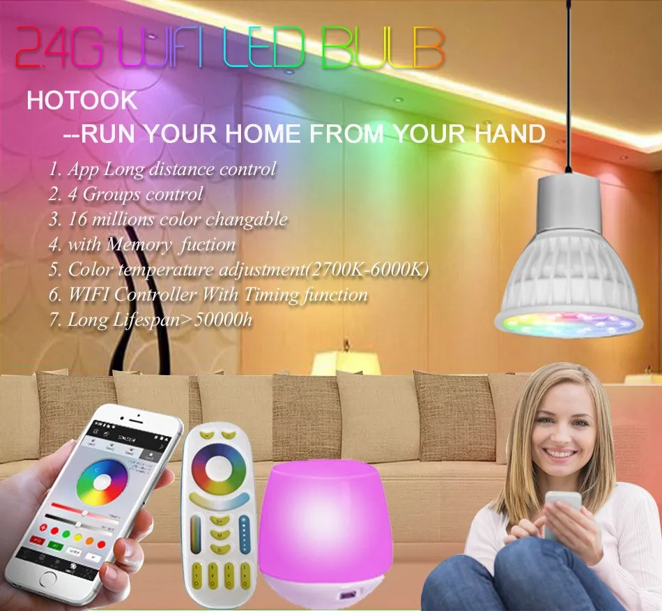 HOTOOK Mi Light WIFI LED Bulb RGB CCT(2700-6500K)LED Lamp Smart Light Dimmable MR16 GU10 4WSpotlight 2.4G Remote and APP Control