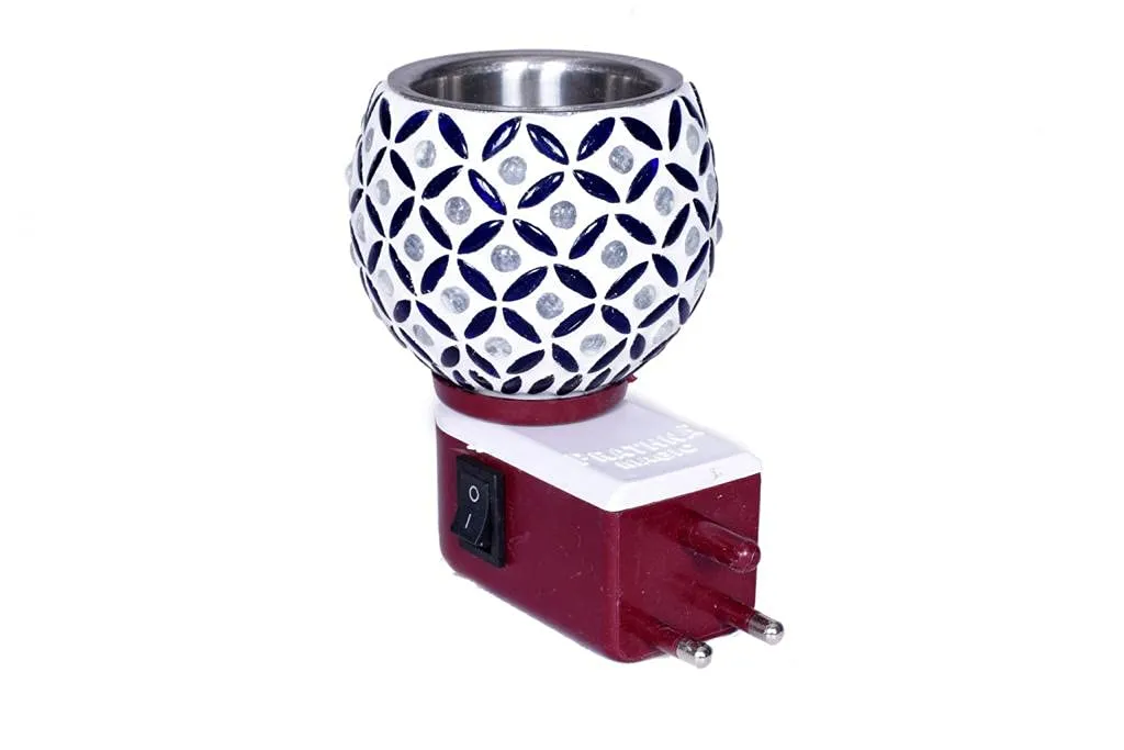 Krishi Electric Kapoor Dani Stand Kapur Incense Burner/ Smart Ceramic Kapoor Dani/Aroma Oil Burner Cum Night Lamp with Switch Design On The Kapoordani May Vary (Blue)(Round)