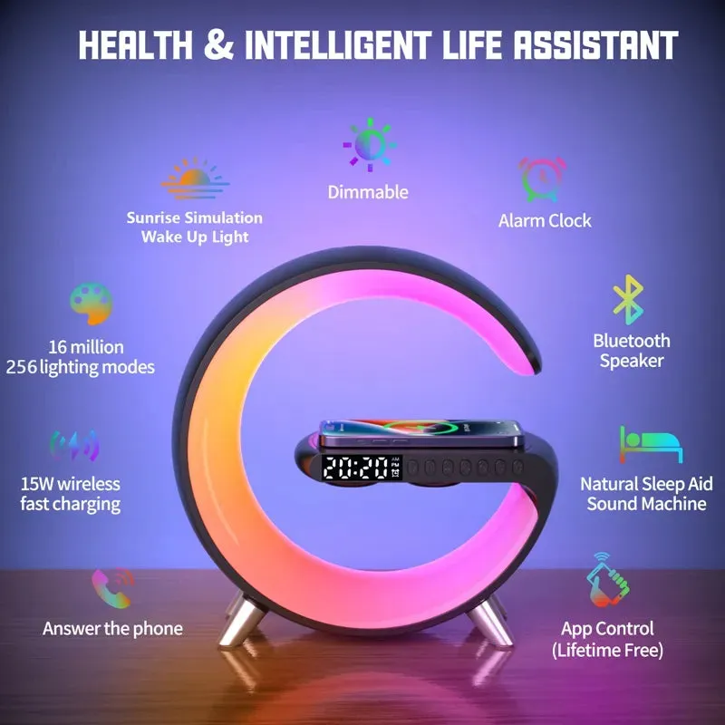 LED App Control RGB Night Light Atmosphere Lamps Digital Alarm Clock Speaker Wireless Charger Children Sleep Bedroom Decoration