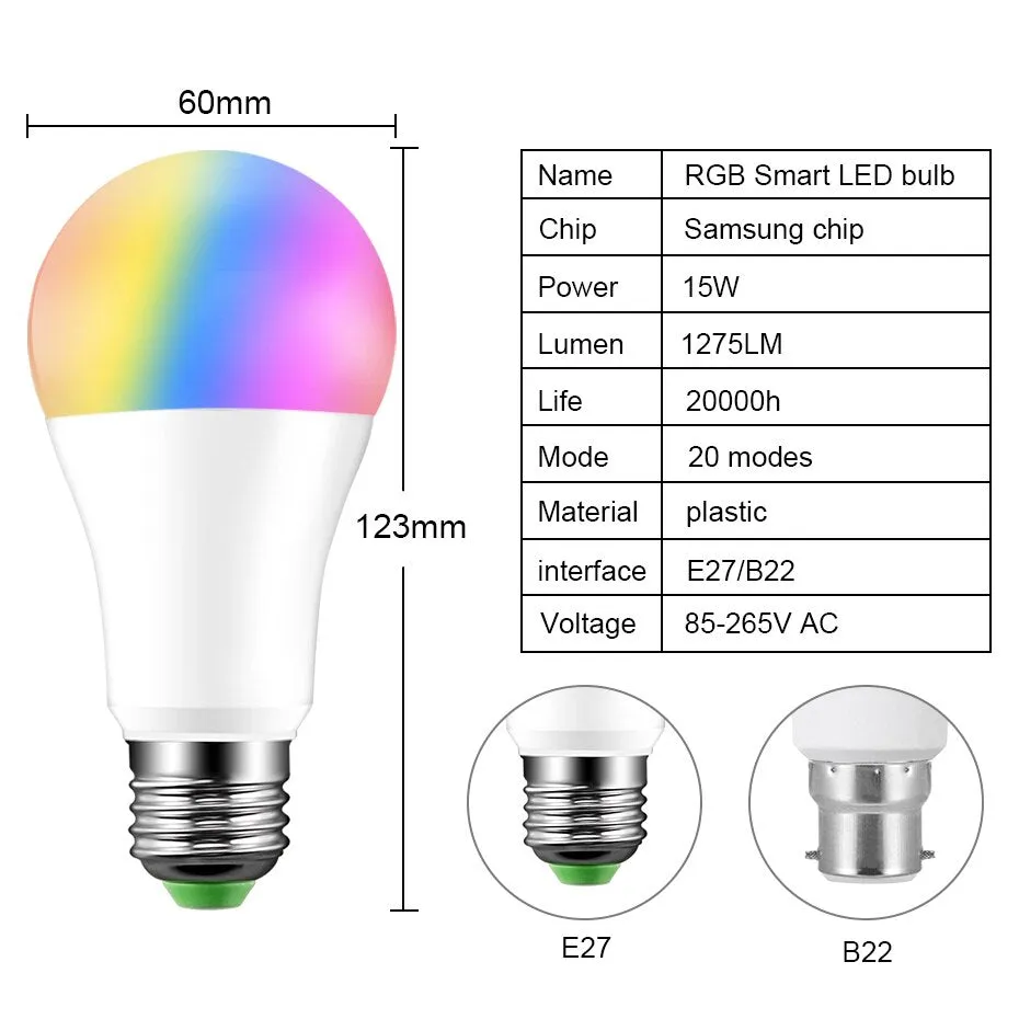 Newest 15W RGB Bluetooth Smart LED Bulb E27 Dimmable B22 RGBW RGBWW LED Bulb Music Voice Control Smart Light Lamp for Home Decor