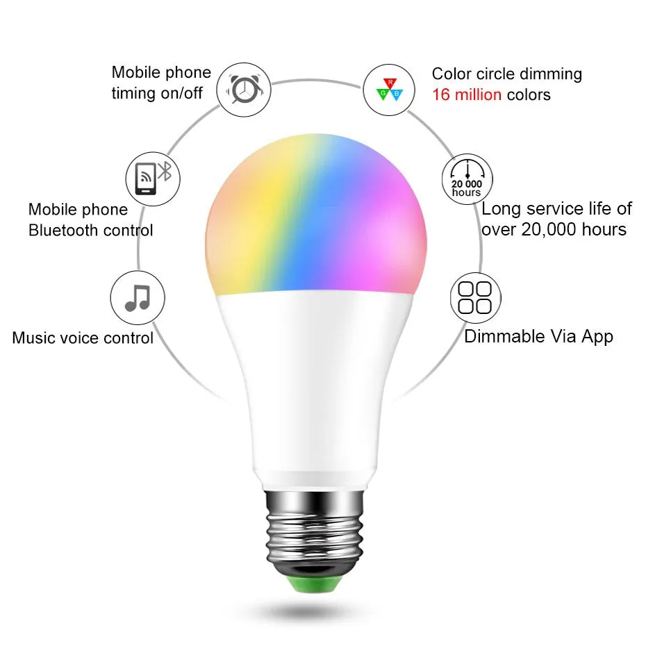 Newest 15W RGB Bluetooth Smart LED Bulb E27 Dimmable B22 RGBW RGBWW LED Bulb Music Voice Control Smart Light Lamp for Home Decor