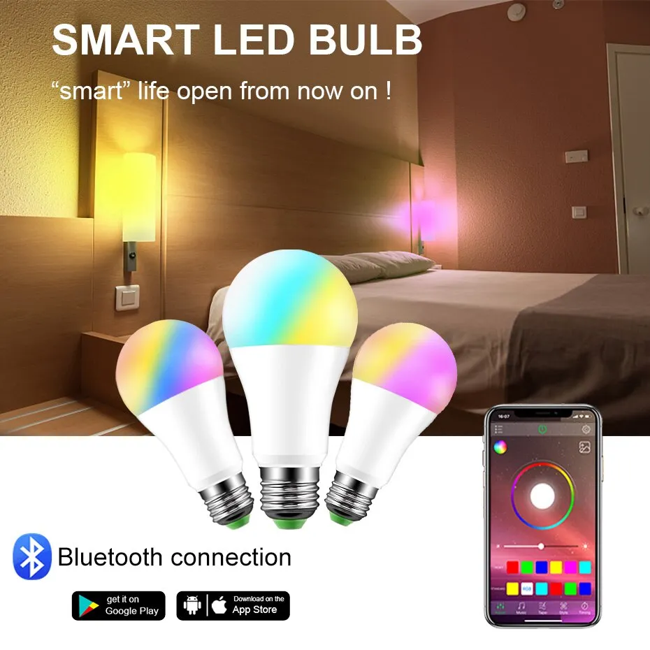 Newest 15W RGB Bluetooth Smart LED Bulb E27 Dimmable B22 RGBW RGBWW LED Bulb Music Voice Control Smart Light Lamp for Home Decor