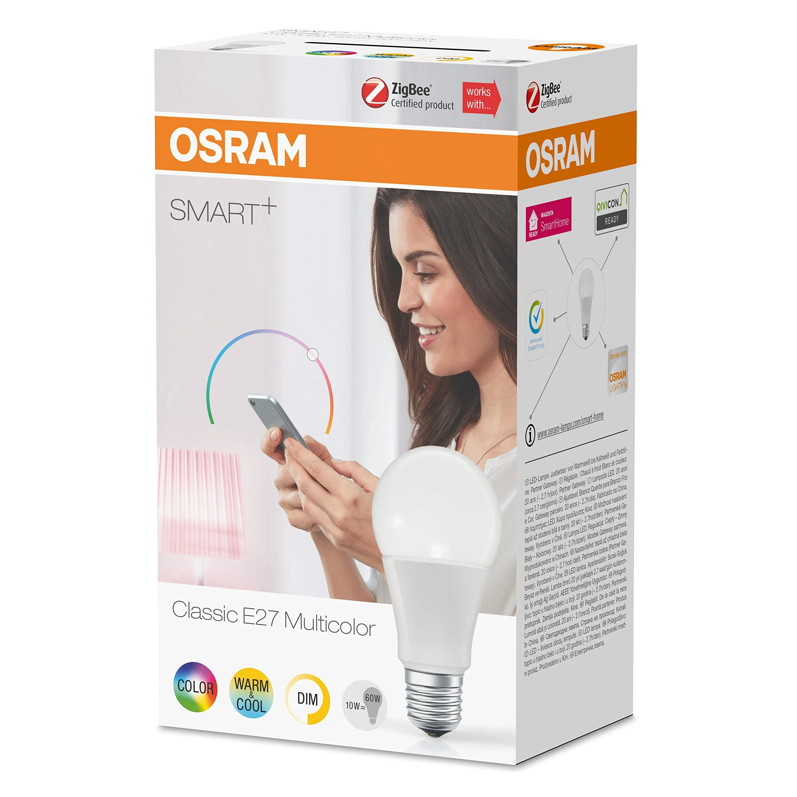 OSRAM Smart  LED, ZigBee Lamp with E27 Socket, warm white to daylight, Color Change RGB, dimmable, Directly compatible with Echo Plus and Echo Show (2. Gen.), Compatible with Philips Hue Bridge