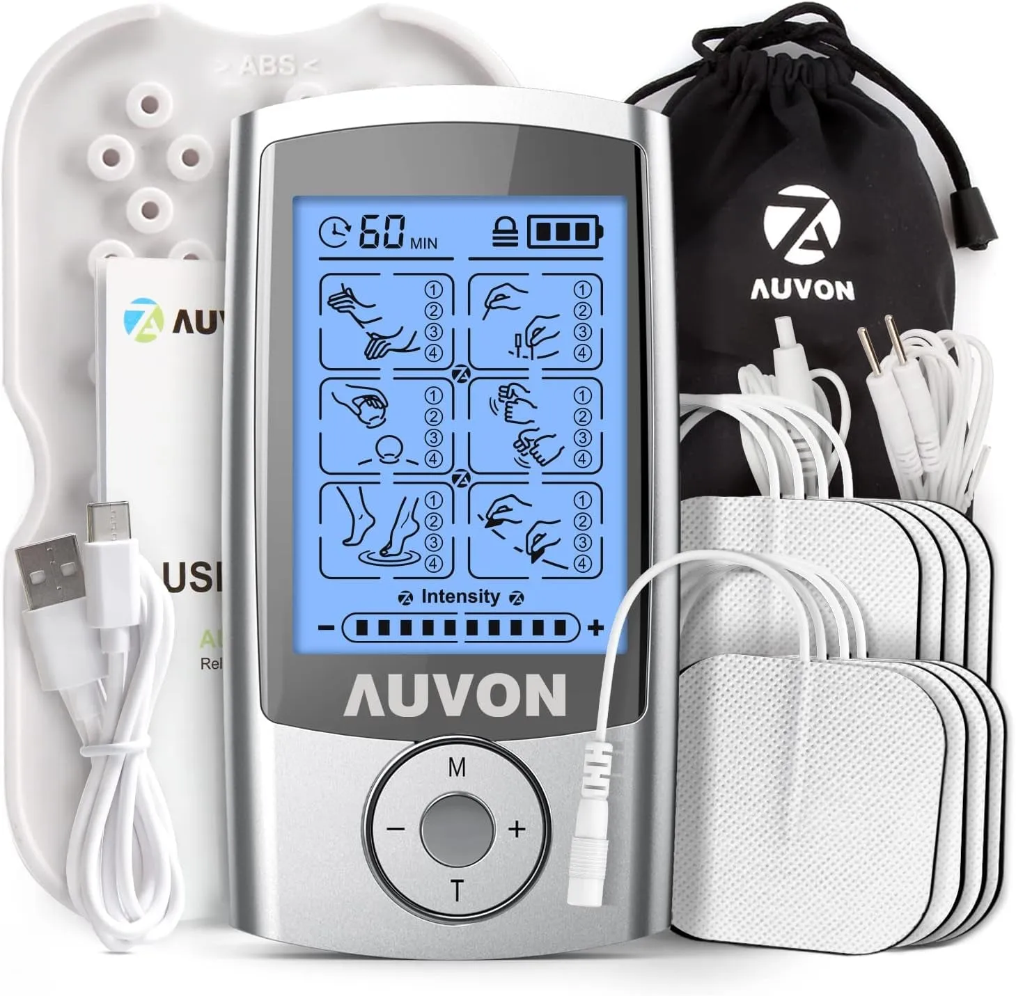 Rechargeable TENS Machine Muscle Stimulator for Pain Relief, TENS Unit with 24 Modes, 8pcs 2" x 2" TENS Machine Pads Replacement