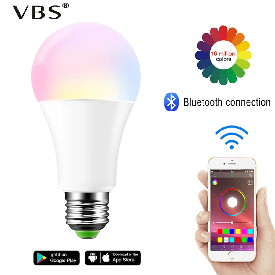 Smart Bulb E27 B22 LED Wireless Bluetooth4.0 Dimmable 15W RGB Bulb Google Home APP Control Multicolored Changing Night Light