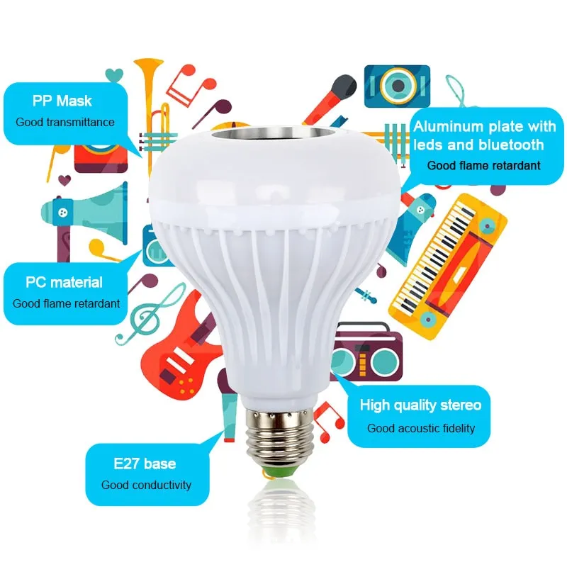 Smart E27 RGB Bluetooth Speaker LED Bulb Light 12W Music Playing Dimmable Wireless Led Lamp with 24 Keys Remote Control