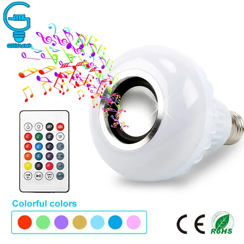 Smart E27 RGB Bluetooth Speaker LED Bulb Light 12W Music Playing Dimmable Wireless Led Lamp with 24 Keys Remote Control