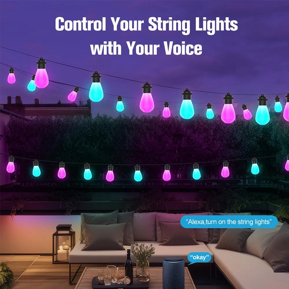 Smart Outdoor String Lights, RGB Patio Lights with 15 Dimmable LED Bulbs,IP67 Waterproof, Timer, Warm White Lights and Music Sync for Balcony, Backyard, Party