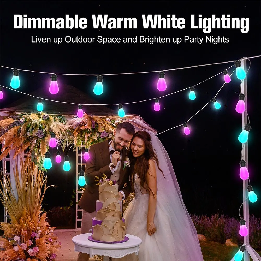 Smart Outdoor String Lights, RGB Patio Lights with 15 Dimmable LED Bulbs,IP67 Waterproof, Timer, Warm White Lights and Music Sync for Balcony, Backyard, Party