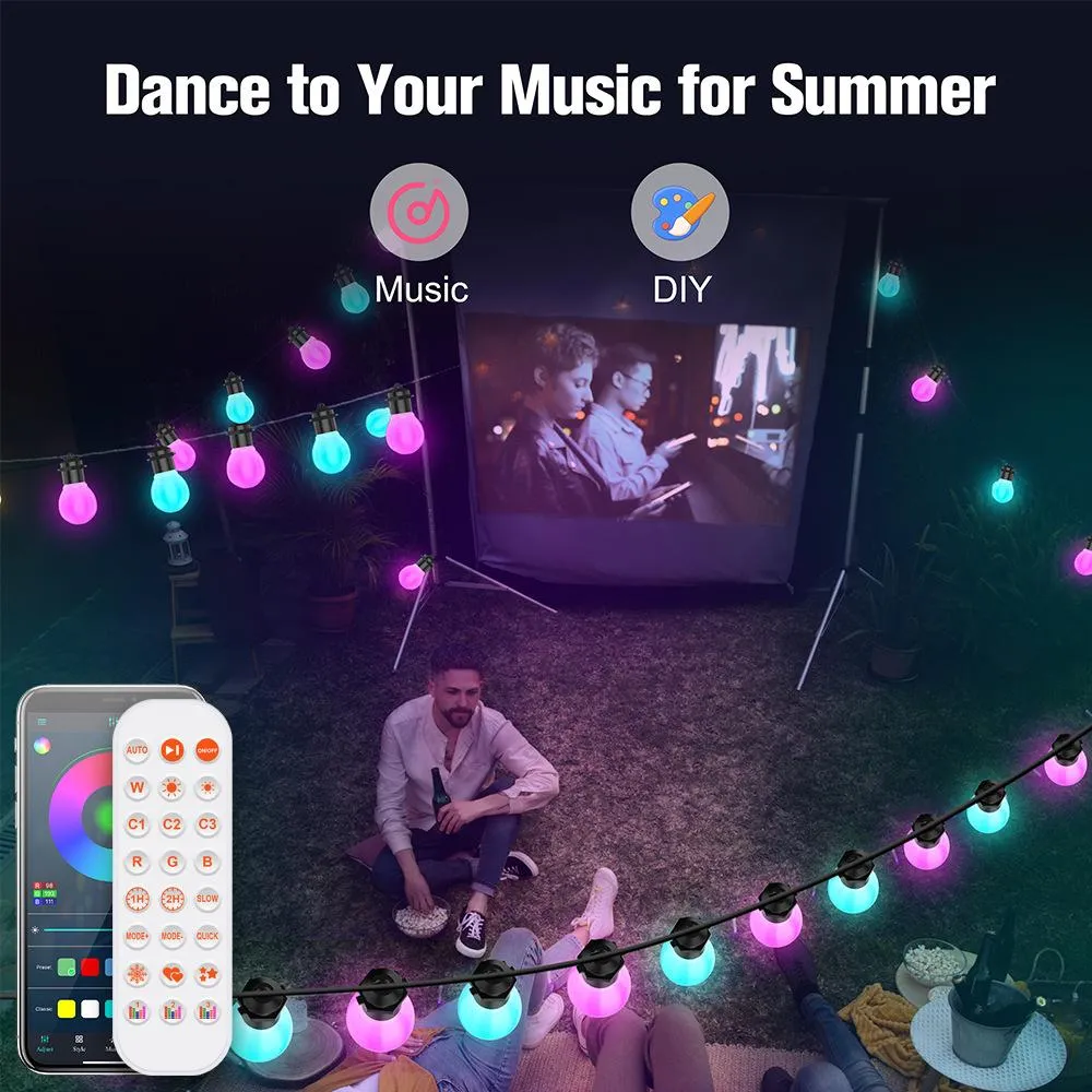 Smart Outdoor String Lights, RGB Patio Lights with 15 Dimmable LED Bulbs,IP67 Waterproof, Timer, Warm White Lights and Music Sync for Balcony, Backyard, Party