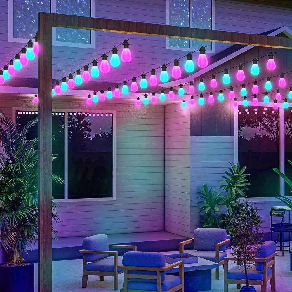 Smart Outdoor String Lights, RGB Patio Lights with 15 Dimmable LED Bulbs,IP67 Waterproof, Timer, Warm White Lights and Music Sync for Balcony, Backyard, Party