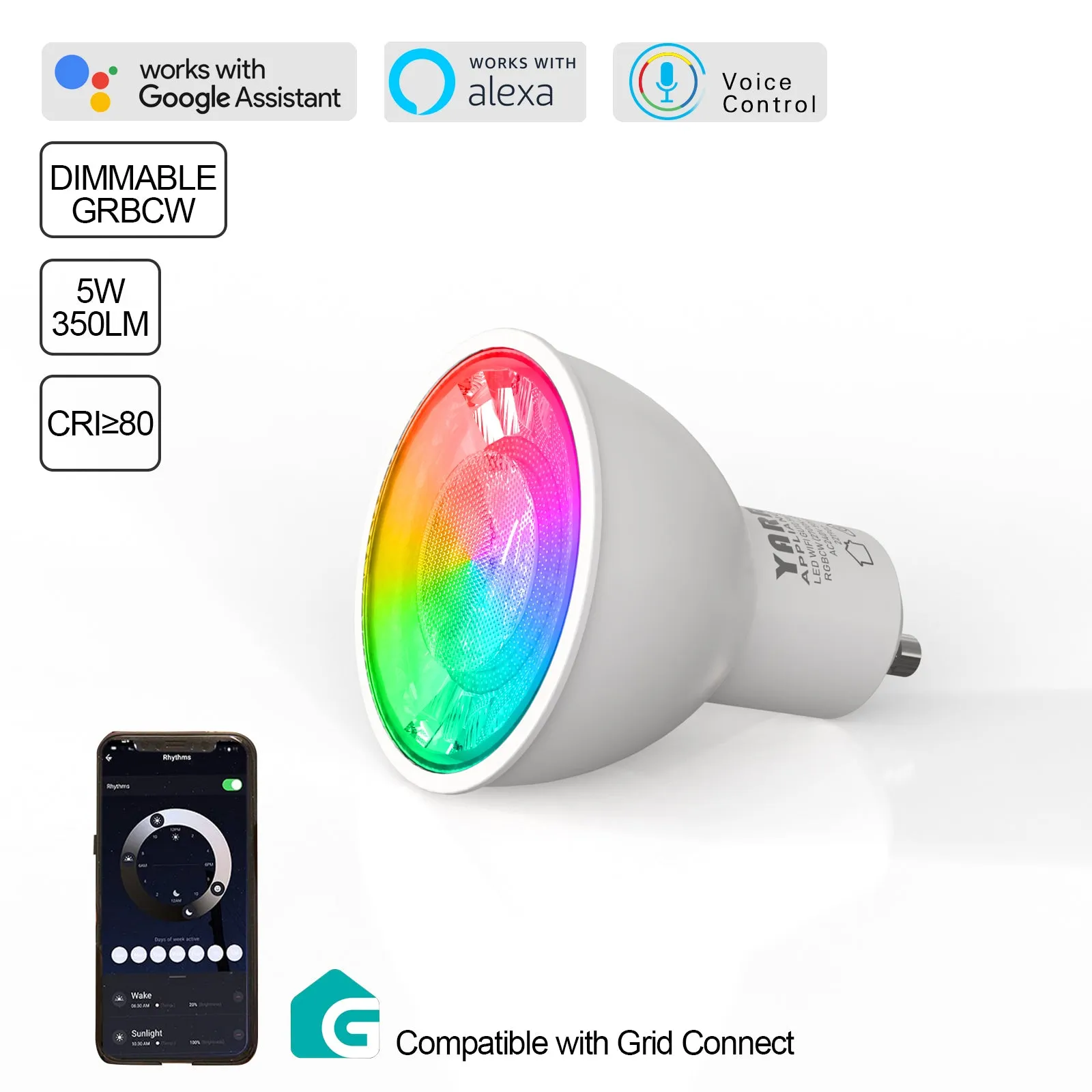 Smart WiFi GU10 5W RGBCW Changeable Compatible with Alexa, Google Home No Hub Required