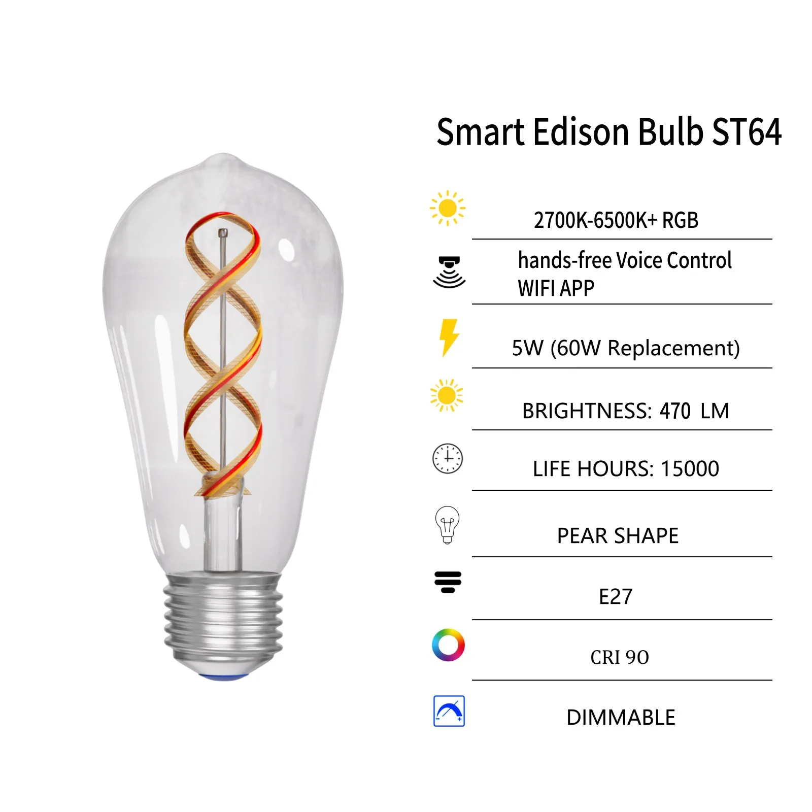 Smart WiFi LED Dimmable Edison Bulb 5W E27 RGBCW Changeable Compatible with Alexa, Google Home No Hub Required