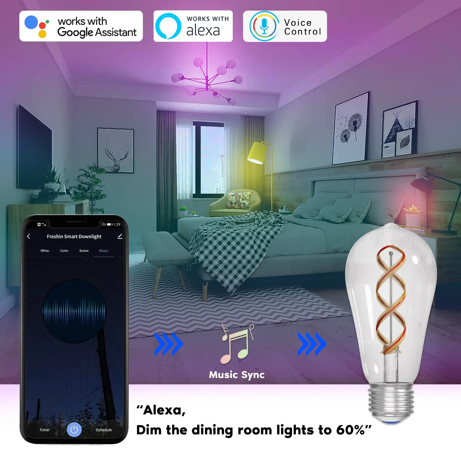 Smart WiFi LED Dimmable Edison Bulb 5W E27 RGBCW Changeable Compatible with Alexa, Google Home No Hub Required