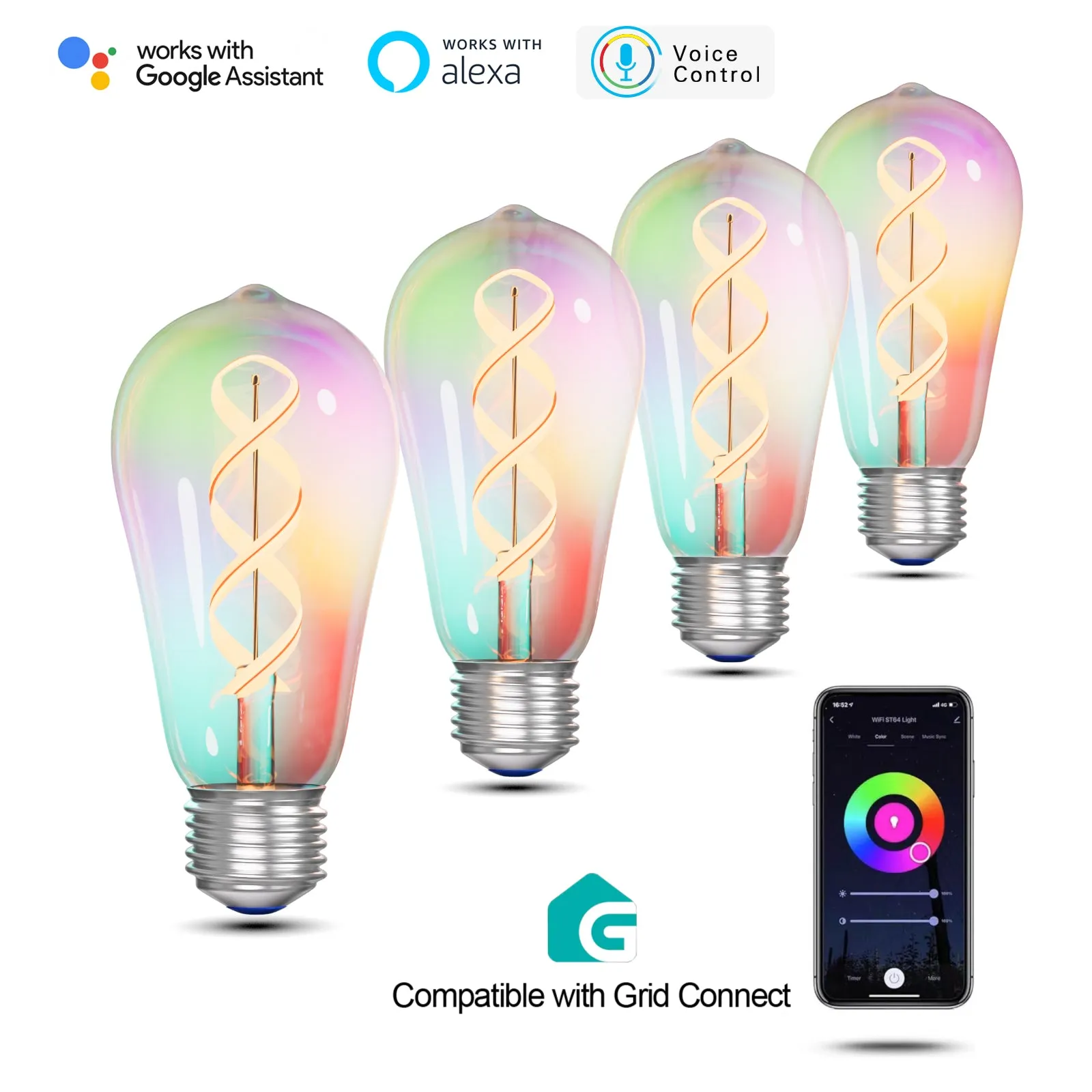 Smart WiFi LED Dimmable Edison Bulb 5W E27 RGBCW Changeable Compatible with Alexa, Google Home No Hub Required