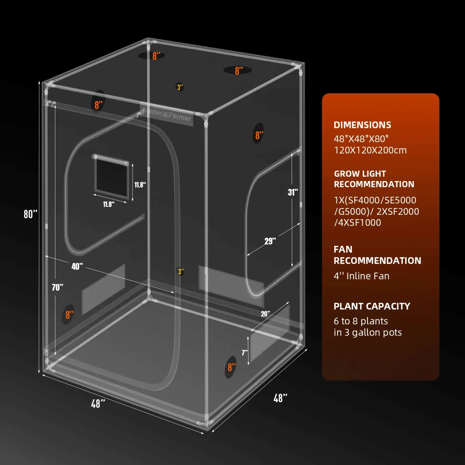 Spider Farmer 4' x 4' x 6' 8" (120 x 120 x 200 cm) Indoor Grow Tent