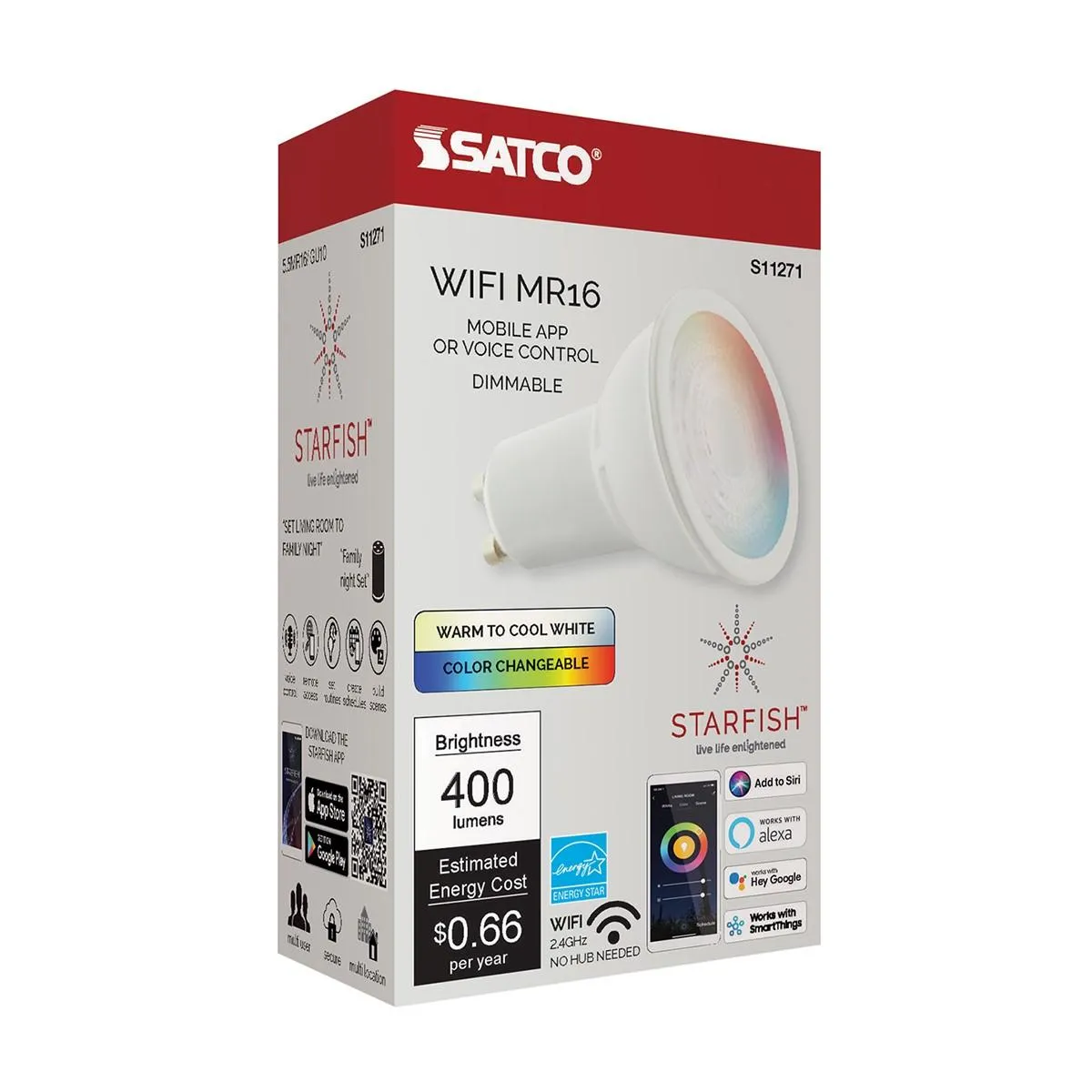 Starfish MR16 WiFi Smart LED Bulb, 5.5 Watts, 400 Lumens, RGBW & Tunable White, 50° Flood