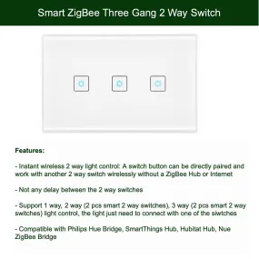 ZigBee 3 Gang 2 Way Switch Set for SmartThings, Hubitat and Philips Hue 2 Way Light Control