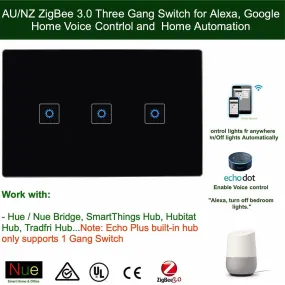 ZigBee Smart 3 Gang Switch for SmartThings, Hubitat Hub, Philips Hue (Black)